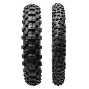 Two black off-road dirt bike tires with tread patterns on a white background