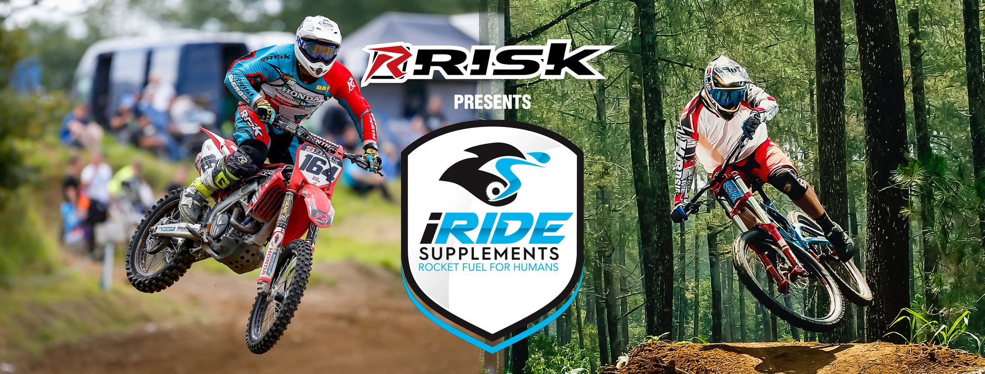 Motocross rider & mountain bike rider split image with graphics reading RISK Presents iRide Supplements