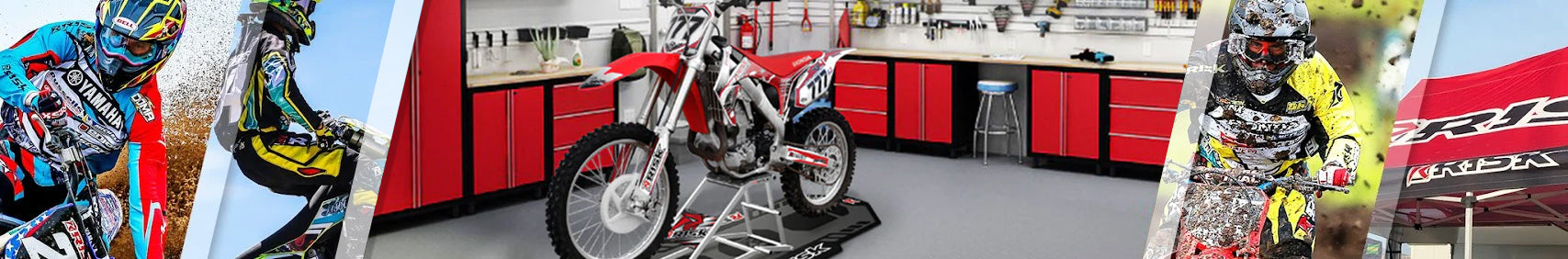 Moto Garage Collection Banner featuring a red dirt bike on an rr1 ride on mx stand that's on a factory pit mat. Bright garage featuring TriLights, red cabinets, and a giant Risk Racing Sticker.