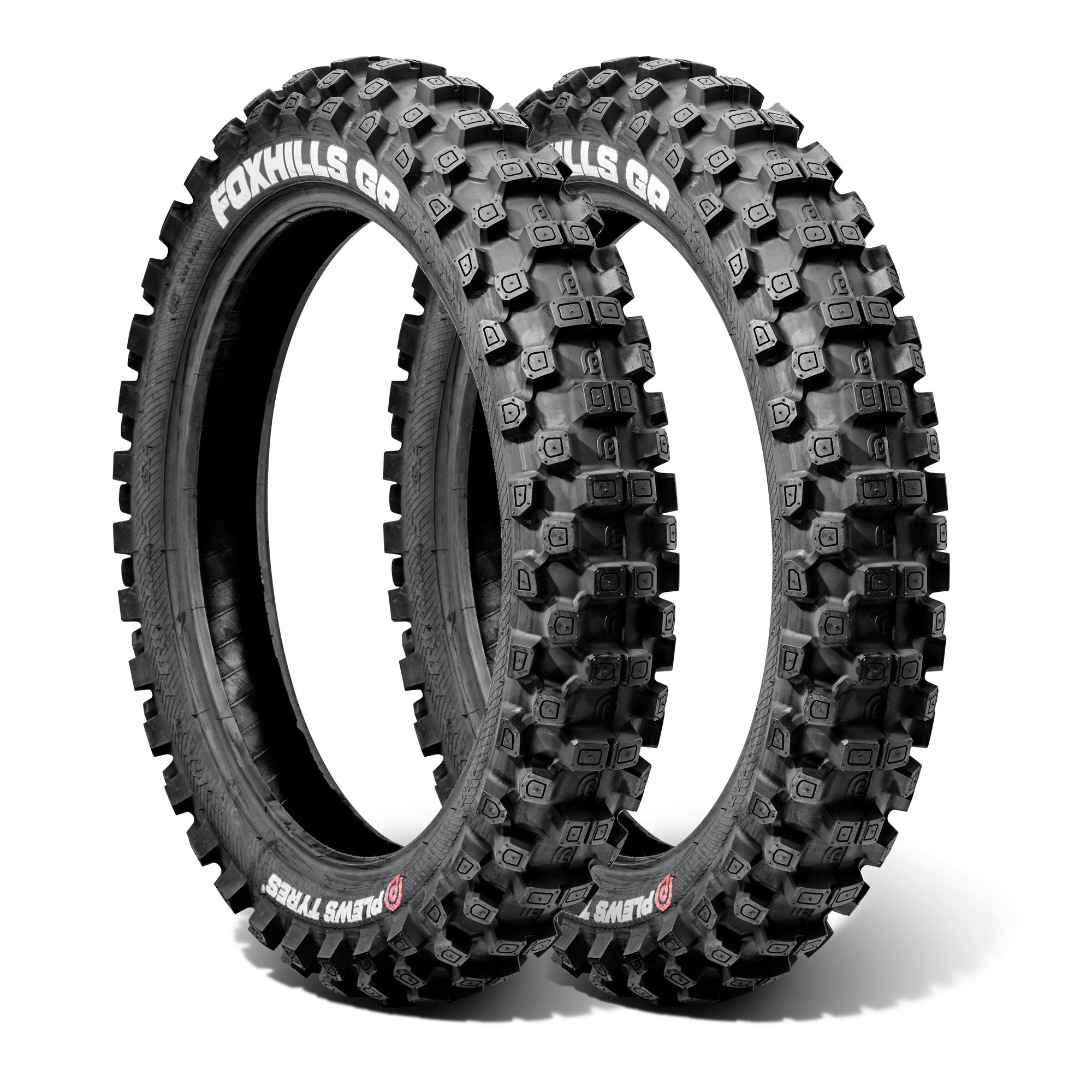 Two Plews off-road dirt bike tires with knobby tread pattern on a white background