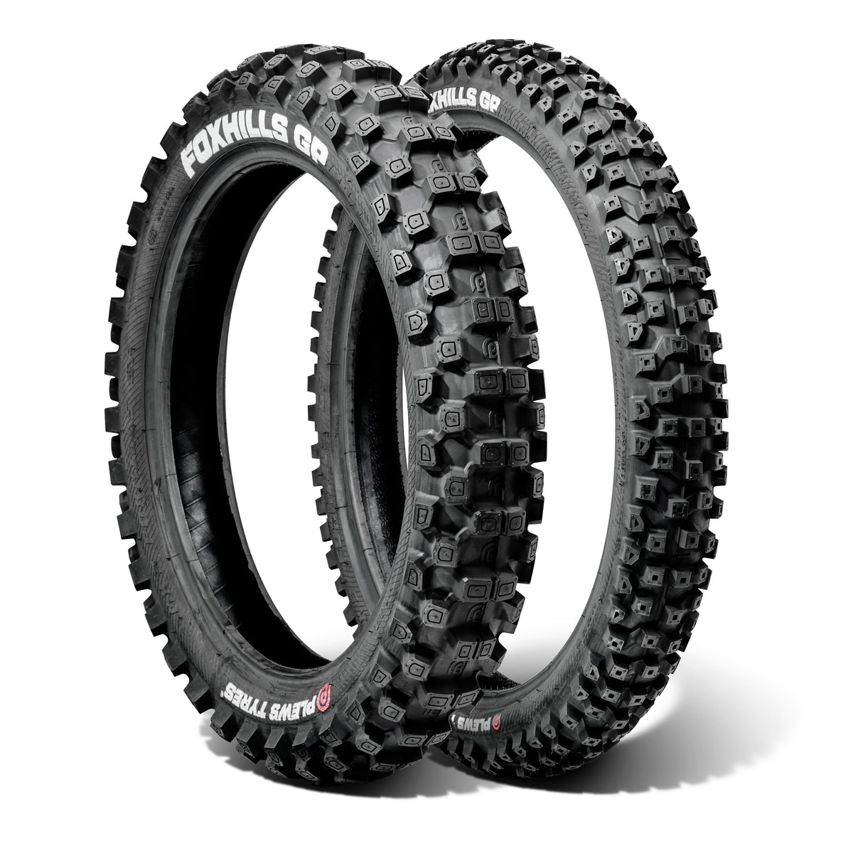 Two off-road dirt bike tires with 'FOXHILLS GP' branding on a white background