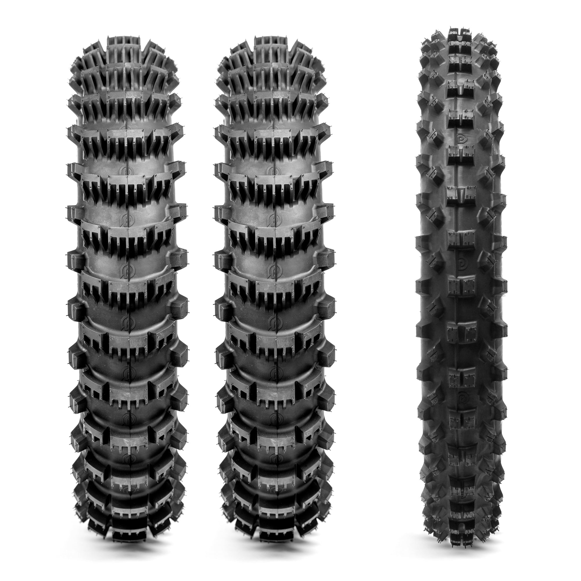 Three off-road dirt bike tires with visible Plews Tyres branding on a white background