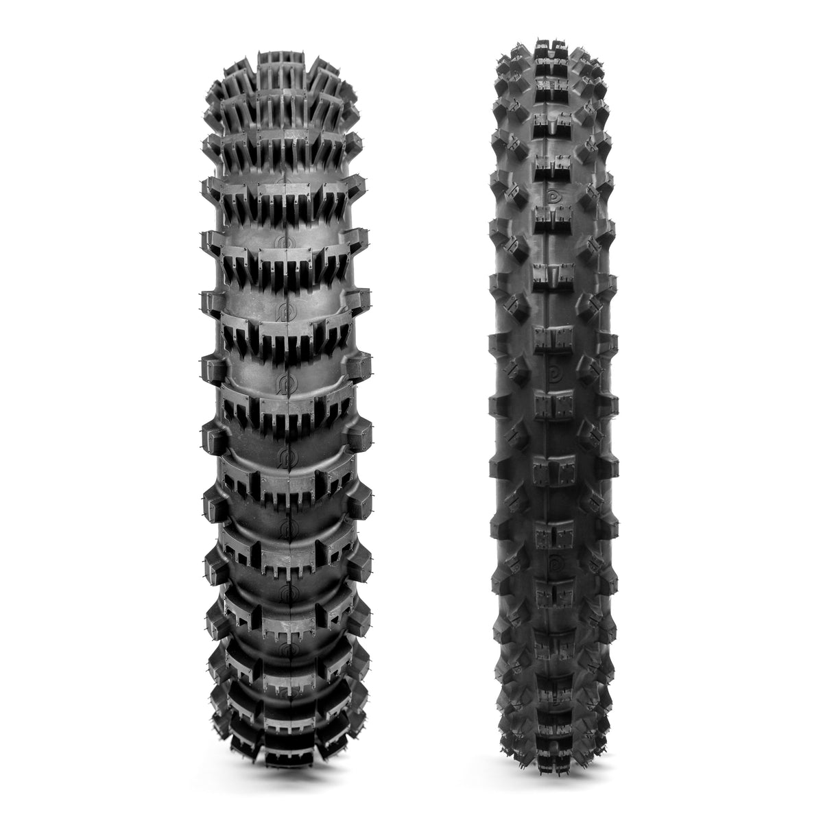 Two off-road dirt bike tires with tread patterns on a white background