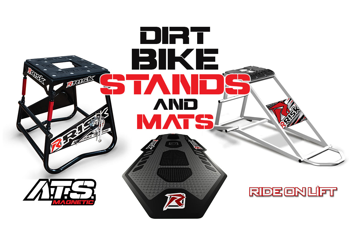 Dirt Bike Stands and Pit Mats homepage banner featuring the ATS adjustable top stand, the factory pit mat, and the RR1 ride on lift.
