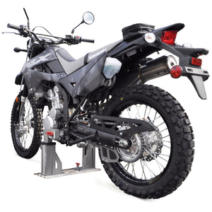 Full size Adventure bike secured into a Lock-n-load pro HD moto transport system on white studio background