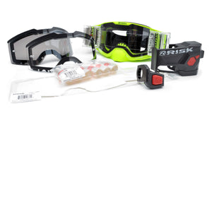 Combo kit featuring the J.A.C. V3 MX Goggle , Roll-Off Goggle Kit, mirrored tint tear-off lens, clear tear-off lens, 6pk roll-off film, and 20pk of tear-offs, and the Ripper Auto Roll-Off system by Risk Racing